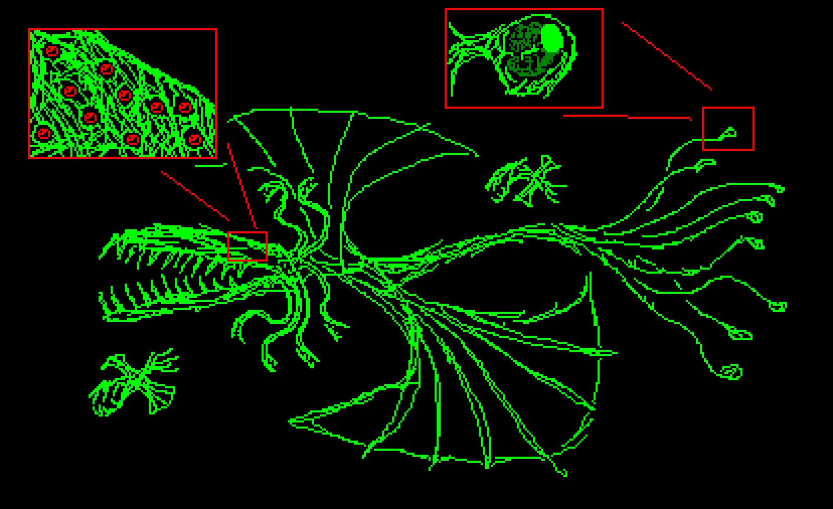A sketch of the previously mentioned space form of the Witchlight Marauder, a gigantic being with a crocodilian head ringed by a set of tentacles with smaller tentacles on them. The head is covered in tiny red eyes. On each side of its body is a massive sail-like crescent shaped wing. At its rear is a 'tail' that terminates in a variety of tentacles, some of them growing the seeds that will become Primary Marauders upon being released upon a planet. Others grow 'Remote Feeders', smaller versions of the main body that assist it in obtaining nutrition and can be seen flying alongside it.